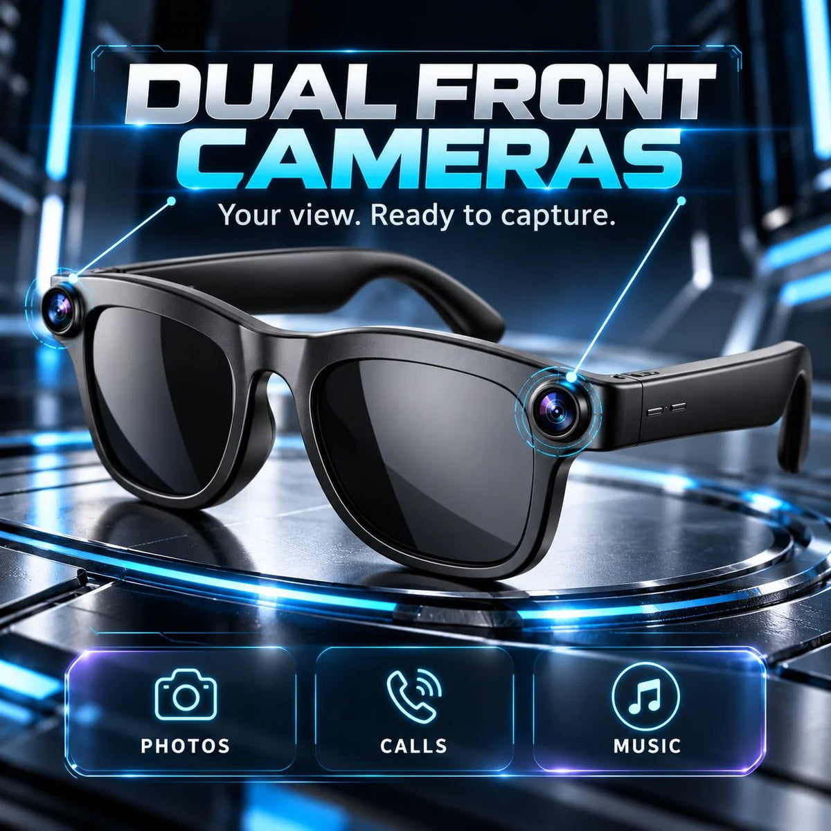 📸 Smart Camera Glasses – Dual-Camera POV Photos & Bluetooth Audio