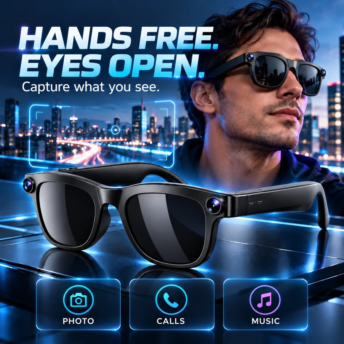 📸 Smart Camera Glasses – Dual-Camera POV Photos & Bluetooth Audio