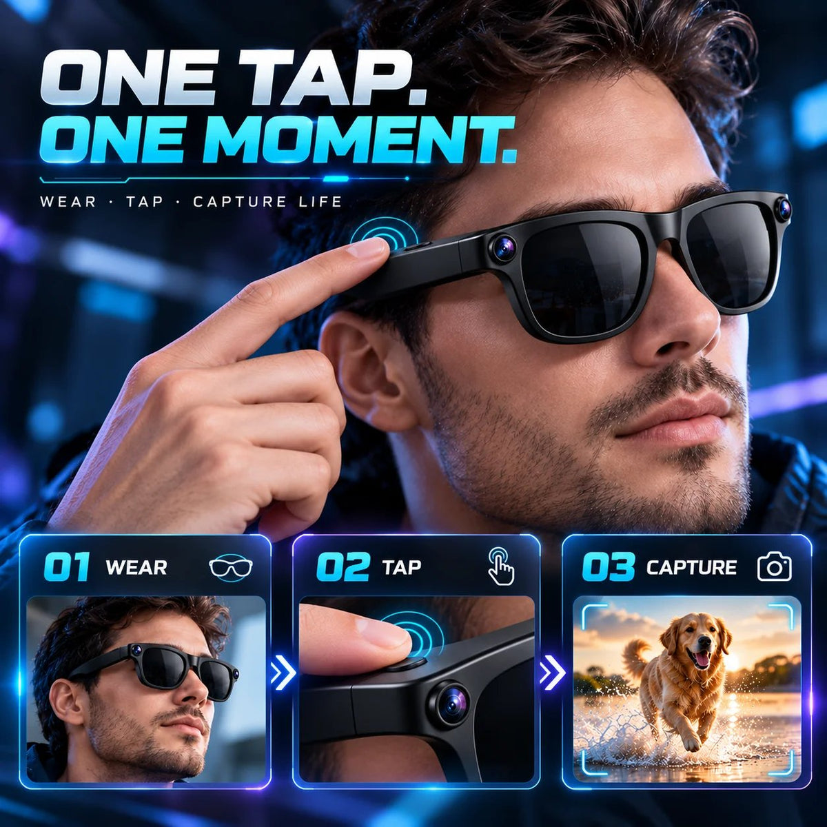 📸 Smart Camera Glasses – Dual-Camera POV Photos & Bluetooth Audio